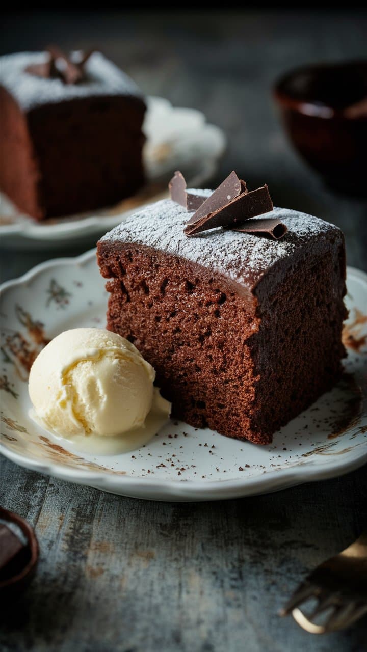 Gâteau au chocolat avec glace vanille, sur assiette.