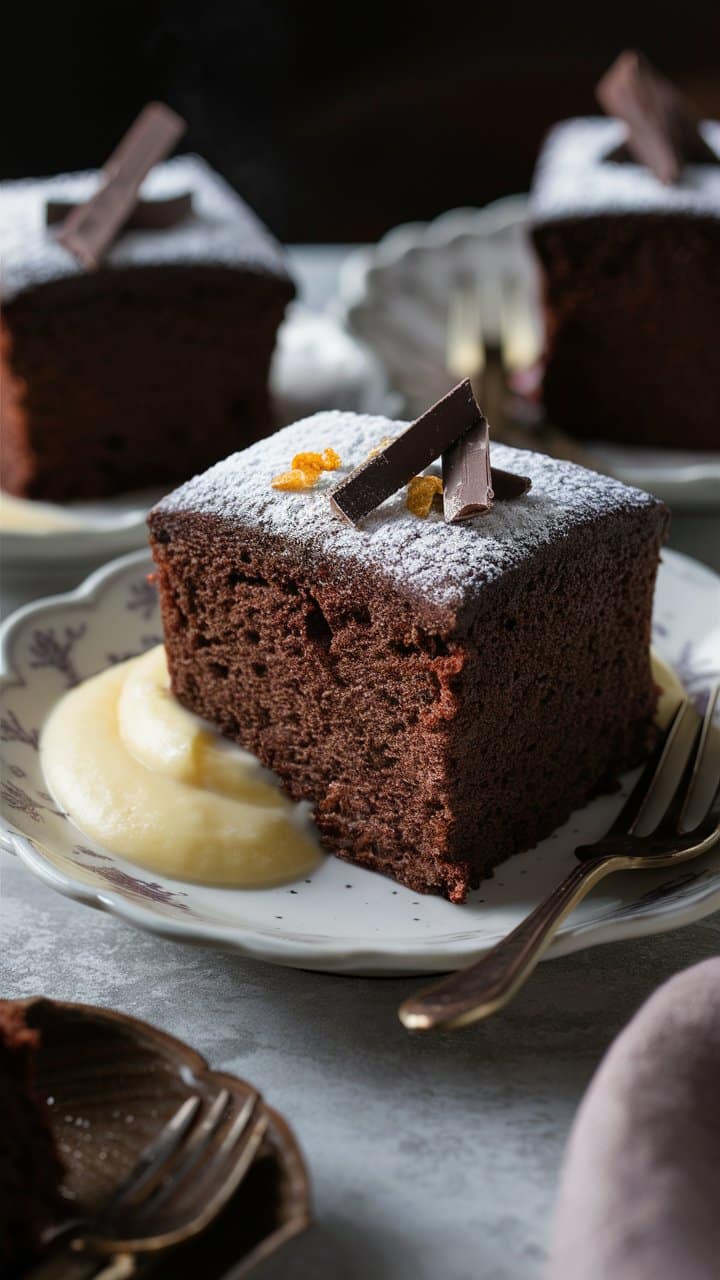 Gâteau chocolat avec décoration sur assiette.