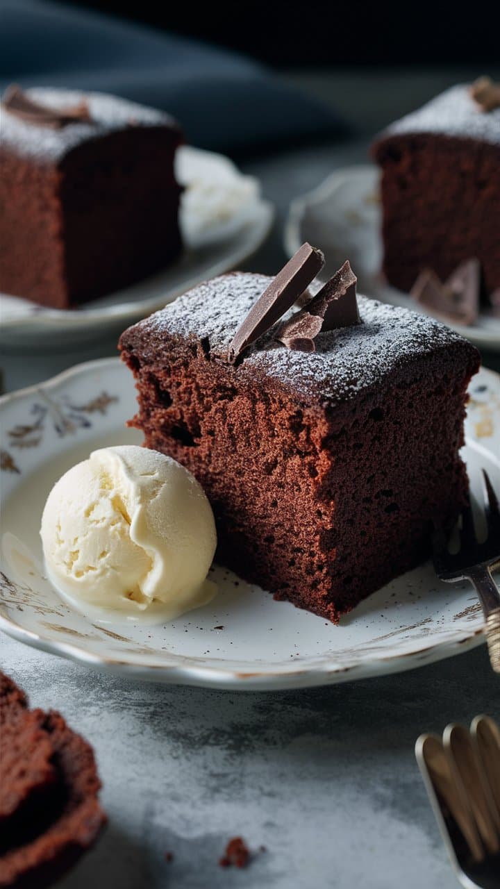Gâteau chocolat et boule de glace vanille.
