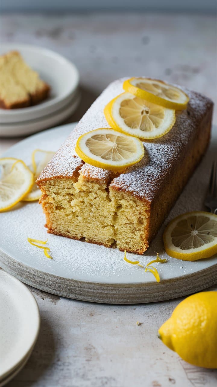 Cake au citron décoré de tranches de citron.