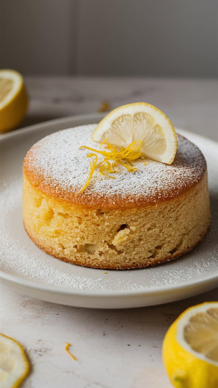 Gâteau au citron sur assiette blanche, décoré de citron