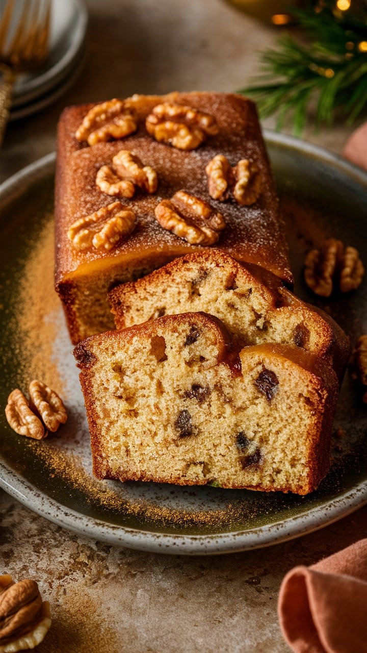 Cake aux noix et raisins tranché sur assiette.