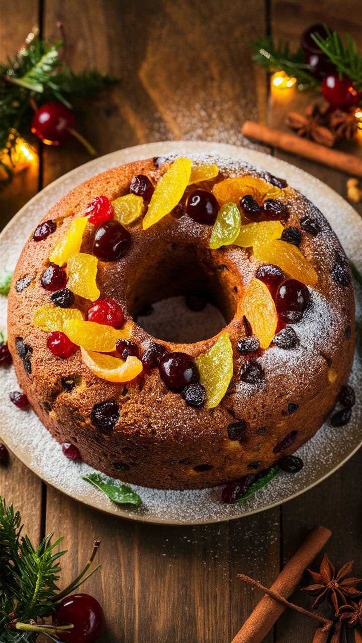 Gâteau aux fruits secs sur table en bois.