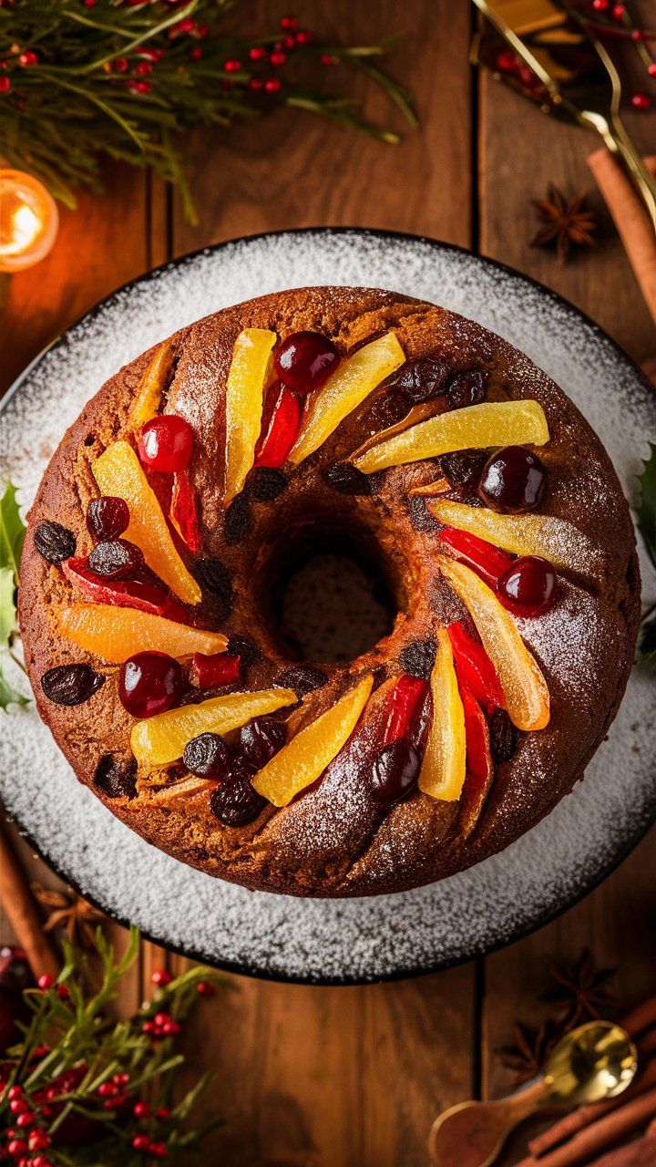 Gâteau décoré de fruits secs sur assiette.