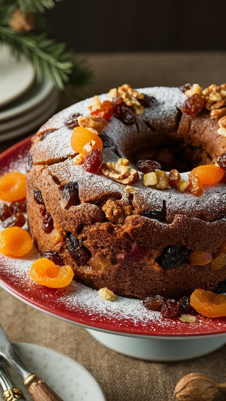 Gâteau aux fruits secs et noix, décoré de sucre.
