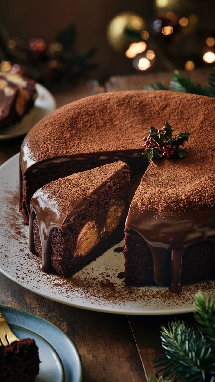 Gâteau au chocolat avec glaçage et tranche découpée.