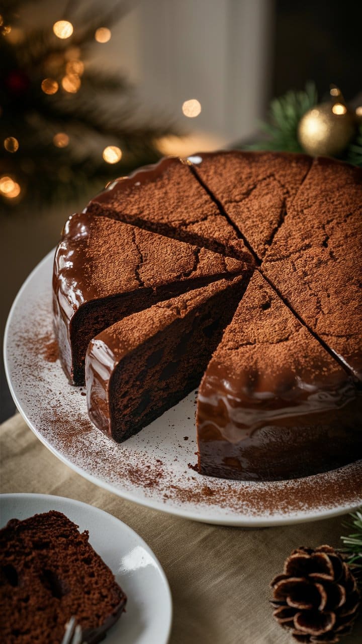 Gâteau au chocolat avec glaçage et part coupée.