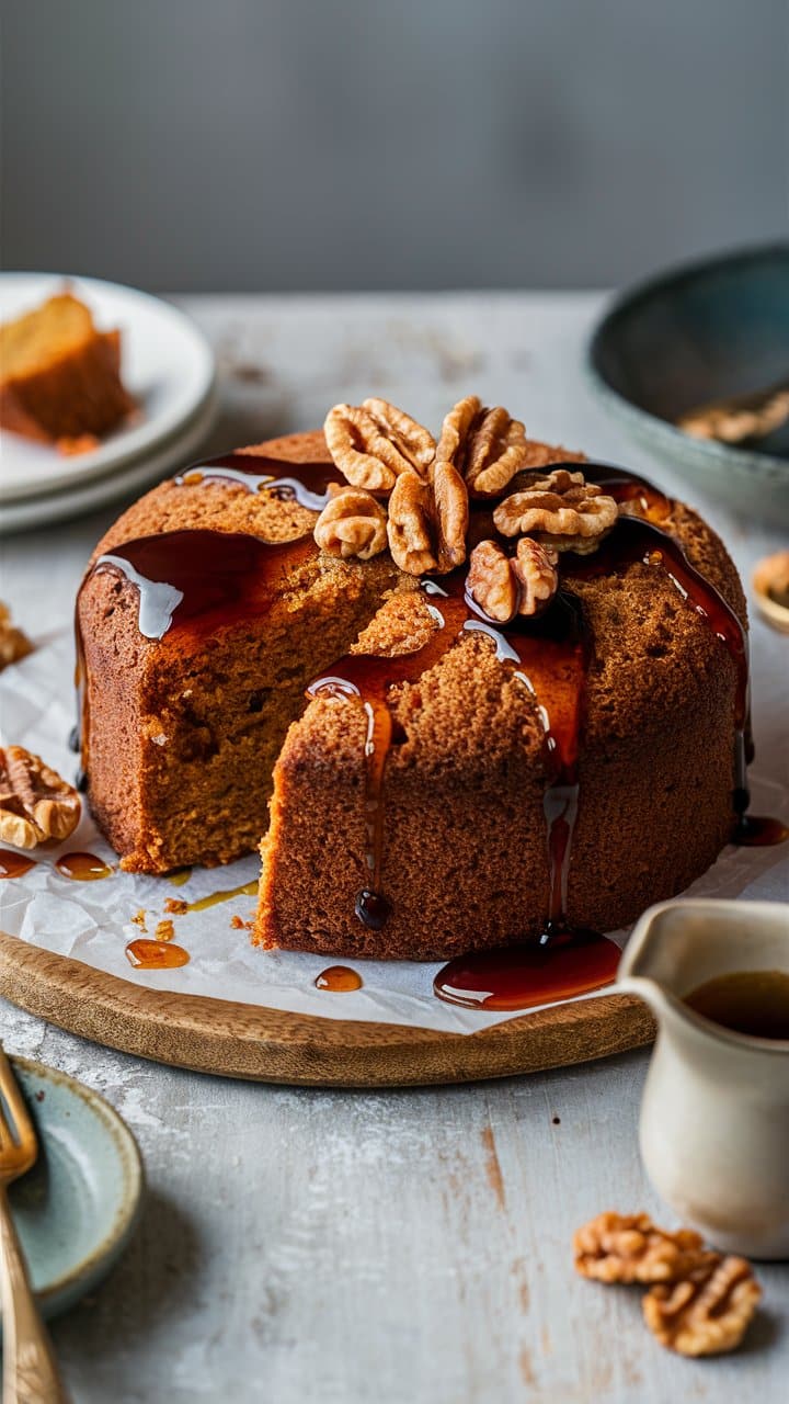 Gâteau aux noix et caramel sur planche en bois.