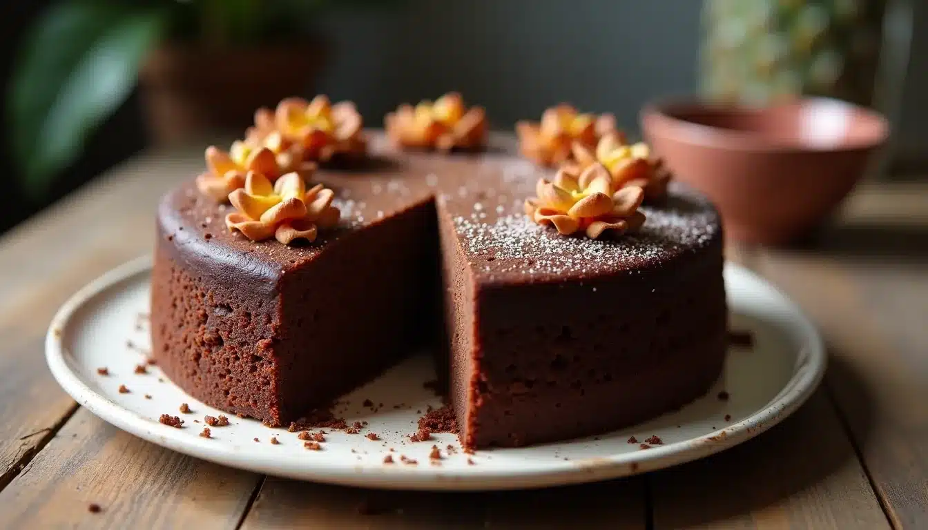 Gâteau au chocolat décoré de fleurs en sucre.
