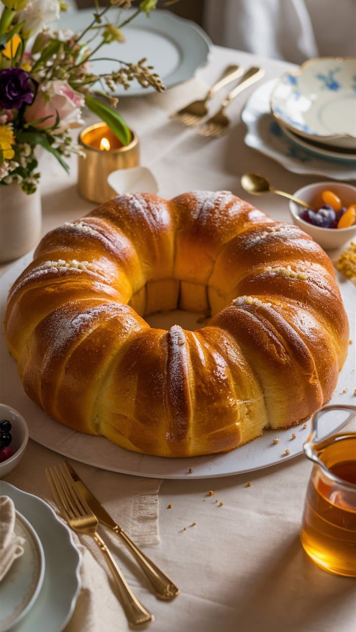 Brioche dorée sur une table élégante.