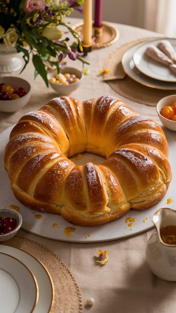 Brioche dorée sur table festive avec fleurs.