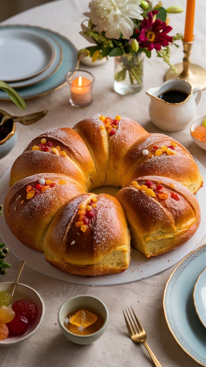 Brioche couronne avec fruits confits sur table dressée.