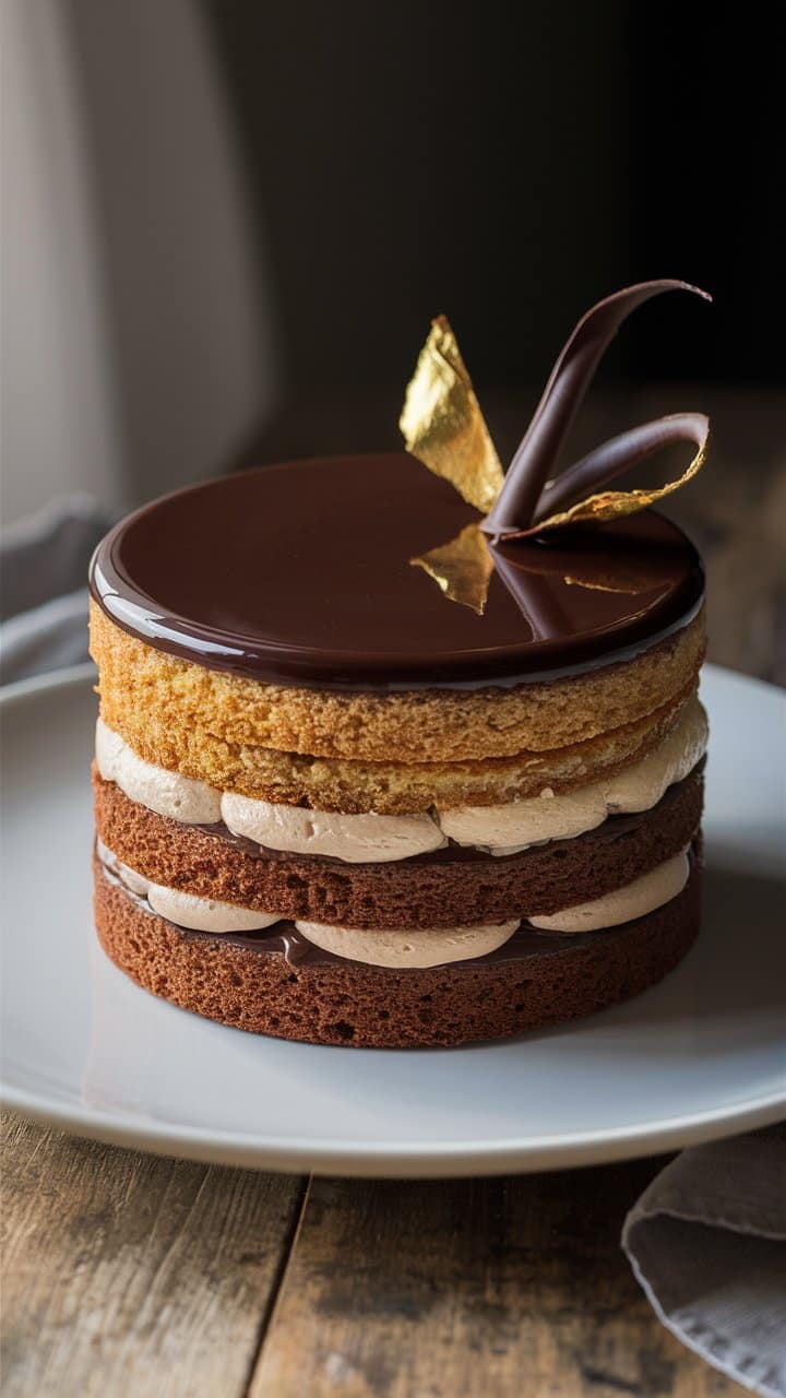 Gâteau à étages, glaçage chocolat et garniture or.