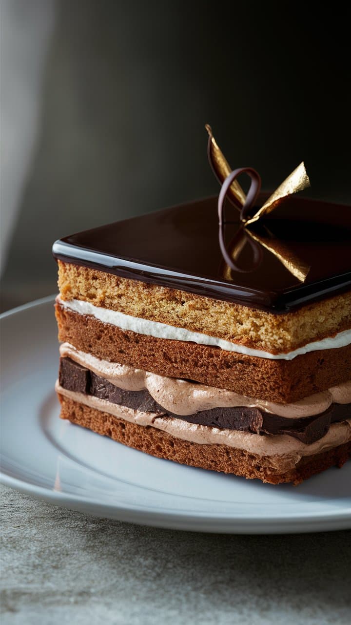Gâteau au chocolat avec glaçage miroir, sur assiette blanche.