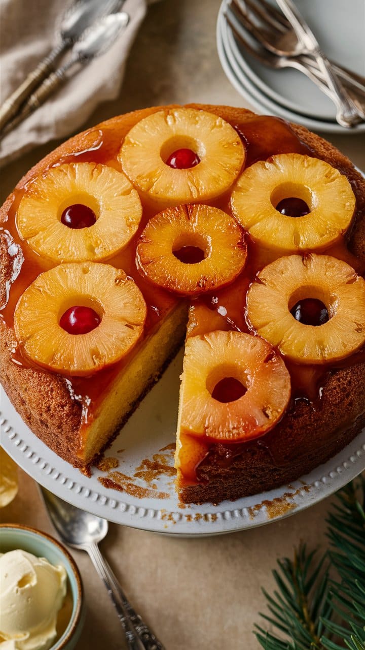 Gâteau renversé à l'ananas avec une tranche manquante.