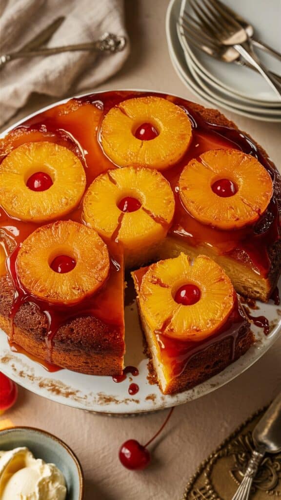 Gâteau renversé à l'ananas avec cerises confites, caramel.