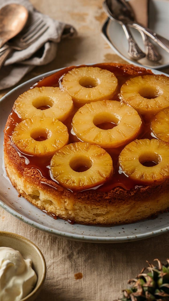Gâteau renversé à l'ananas sur assiette grise.