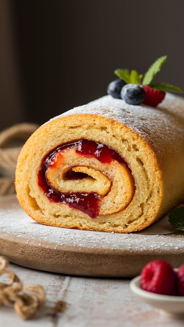 Gâteau roulé à la confiture, décoré de fruits.