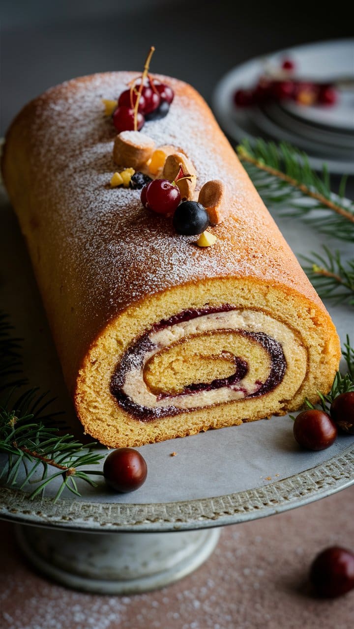 Bûche de Noël aux fruits sur plateau.