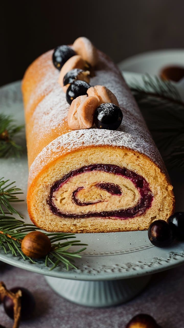 Gâteau roulé décoré avec fruits et biscuits, Noël.