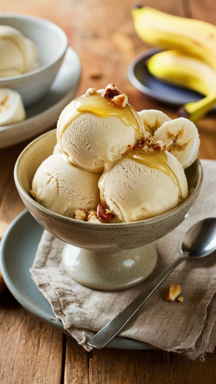 Glace vanille et banane avec noix et miel.