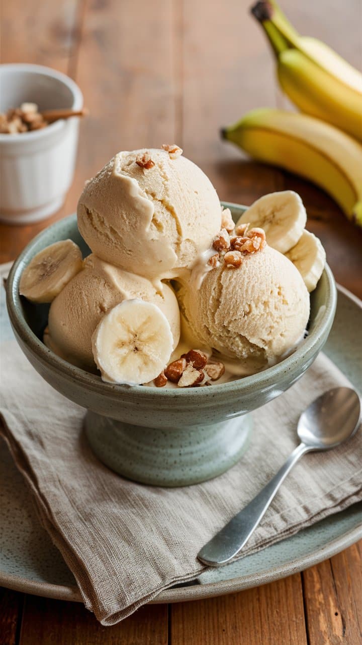 Glace à la banane, noix et tranches fraîches.