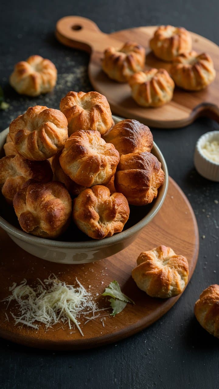 Petits pains dorés sur plateau en bois.