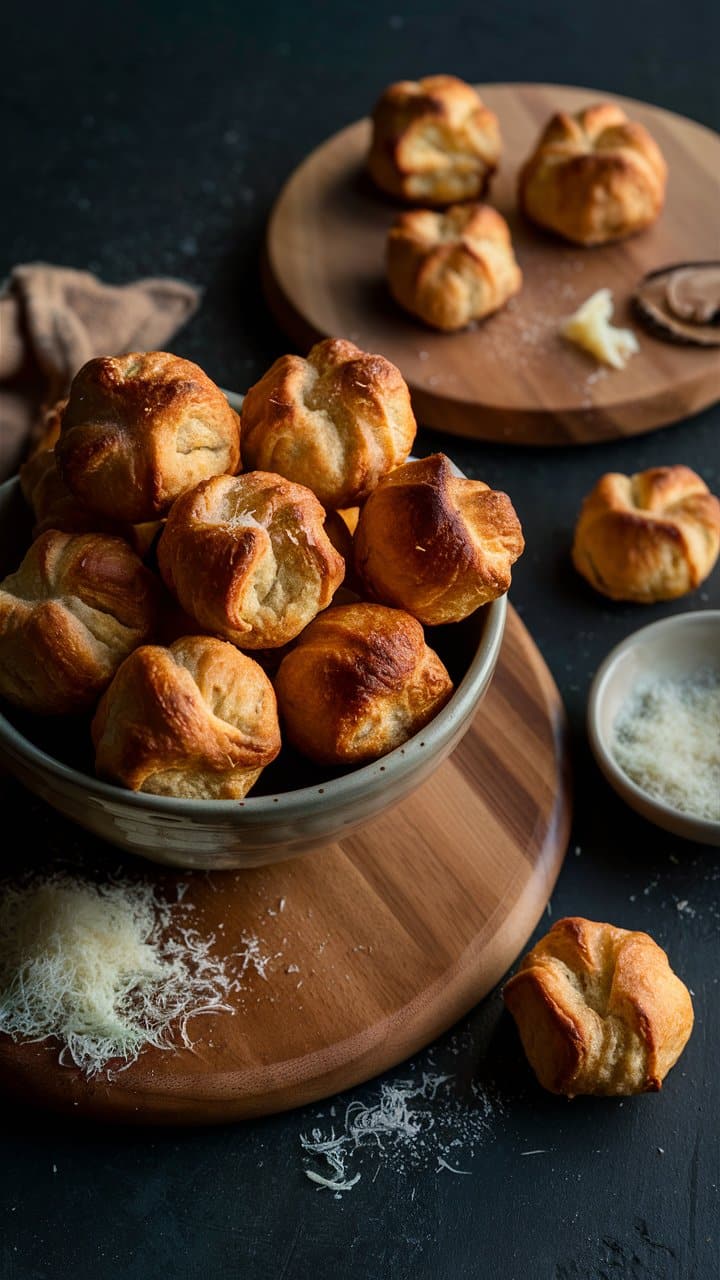 Petits pains dorés dans un bol en céramique.