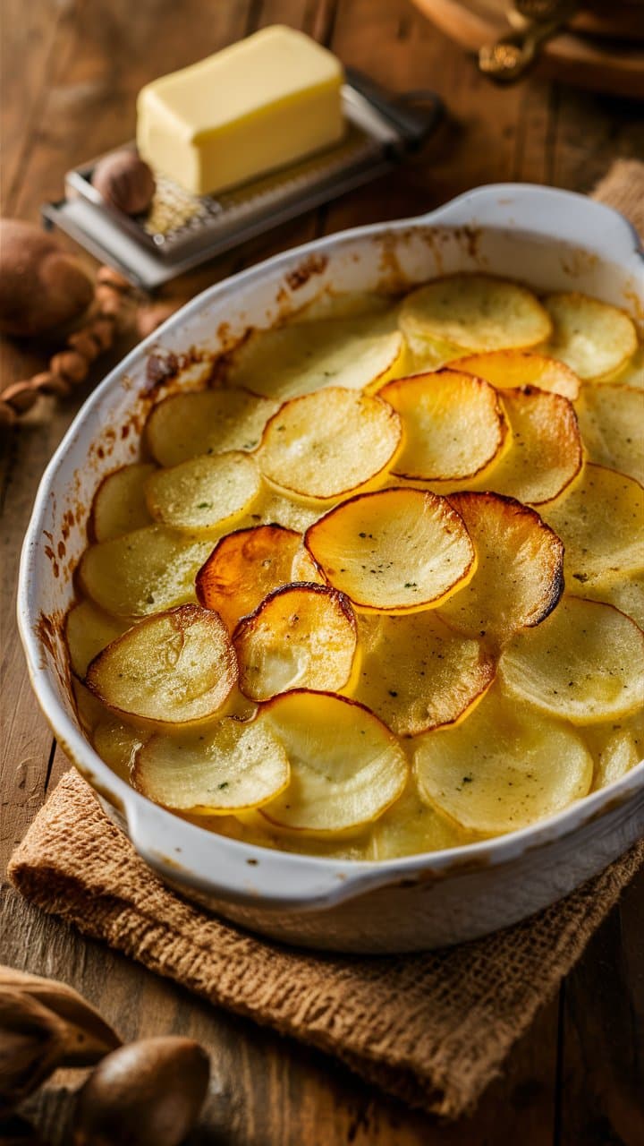Gratin de pommes de terre au four, doré.
