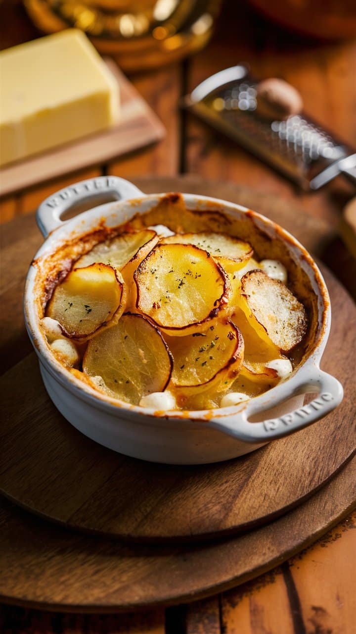 Gratin dauphinois appétissant sur une planche en bois.