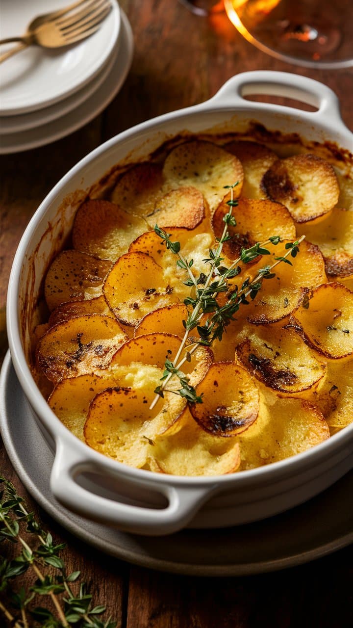 Gratin dauphinois dans un plat blanc, herbes dessus.