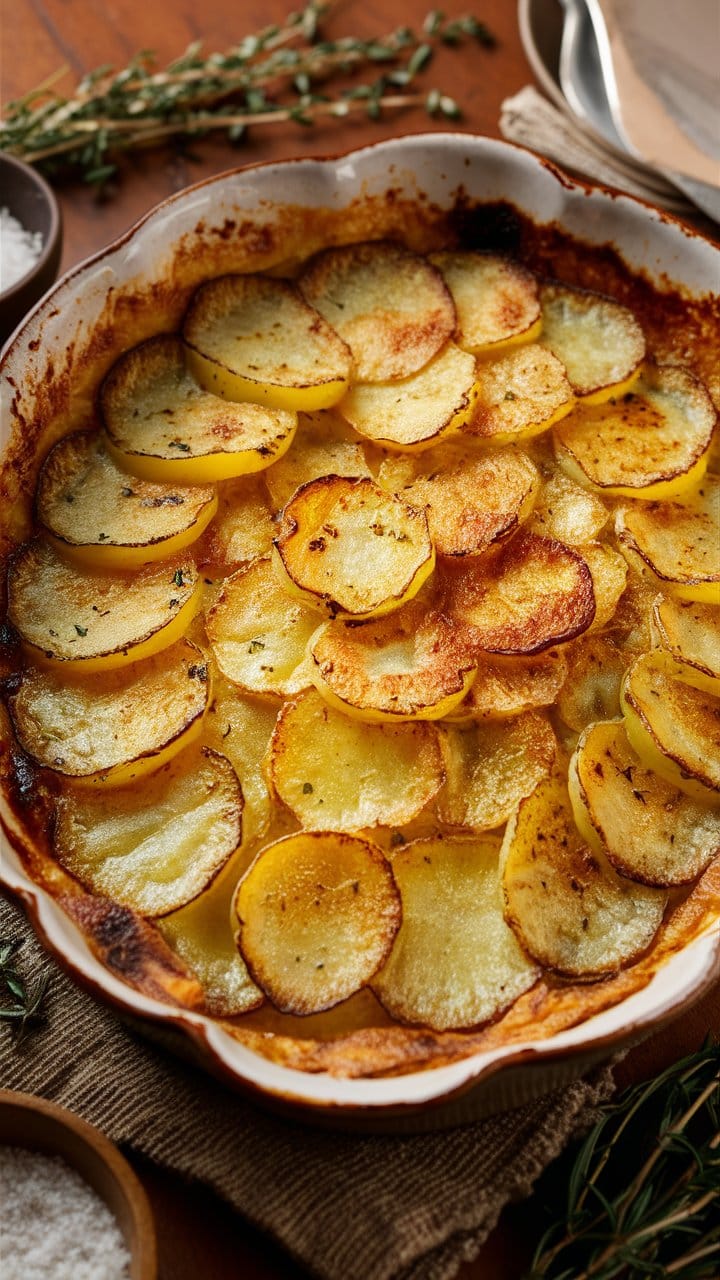 Plat de gratin dauphinois doré au four.