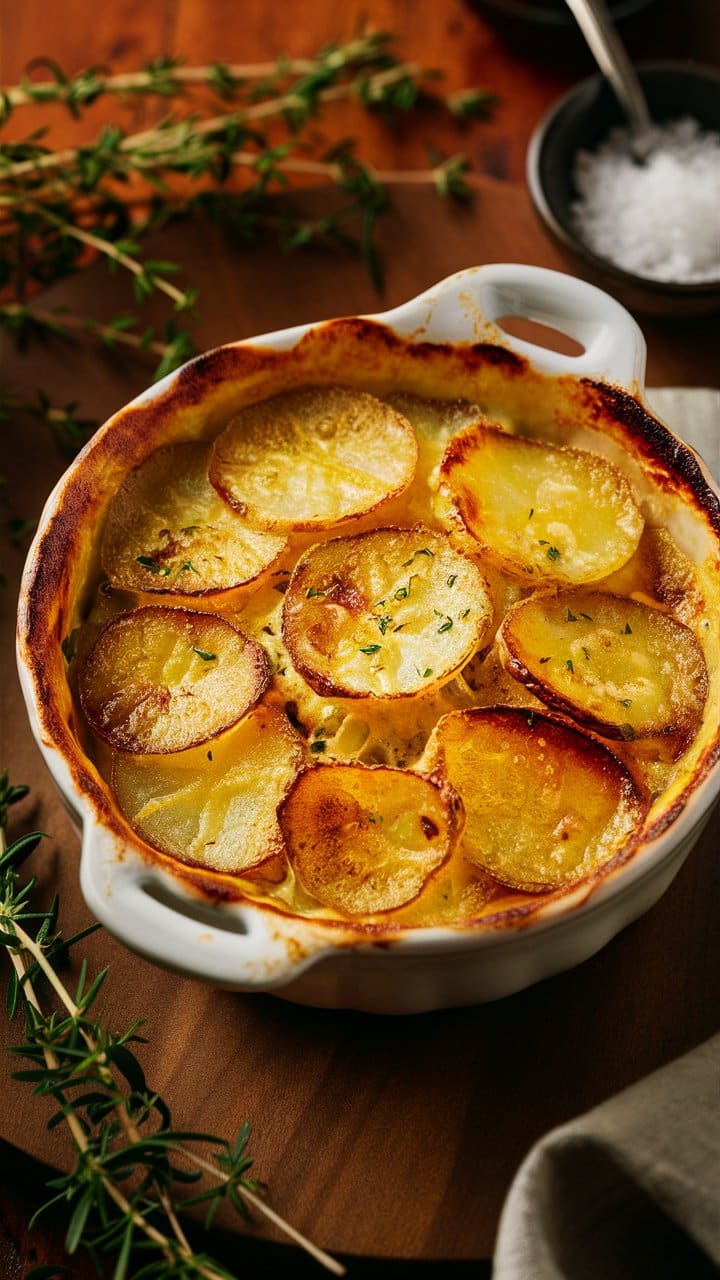 Gratin dauphinois doré dans un plat blanc.