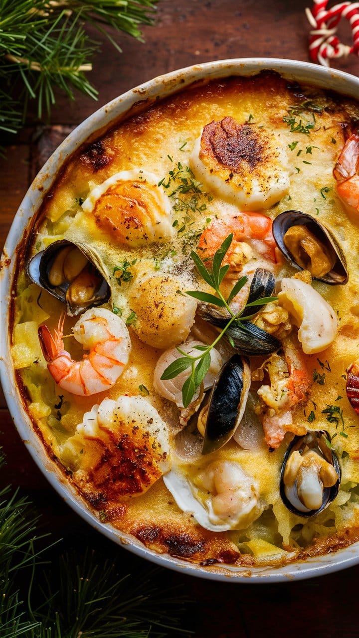 Gratin de fruits de mer dans un plat.