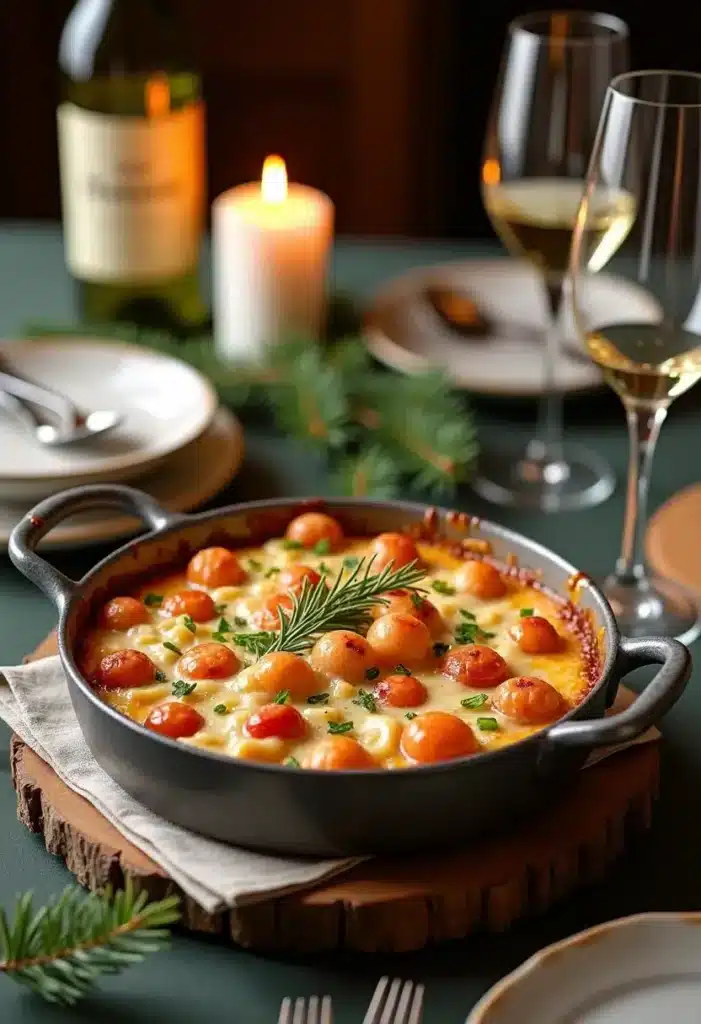 Gratin au fromage, ambiance dîner festif.