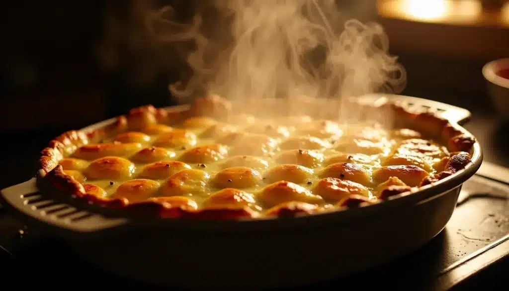 Gratin de pommes de terre fumant sortant du four.