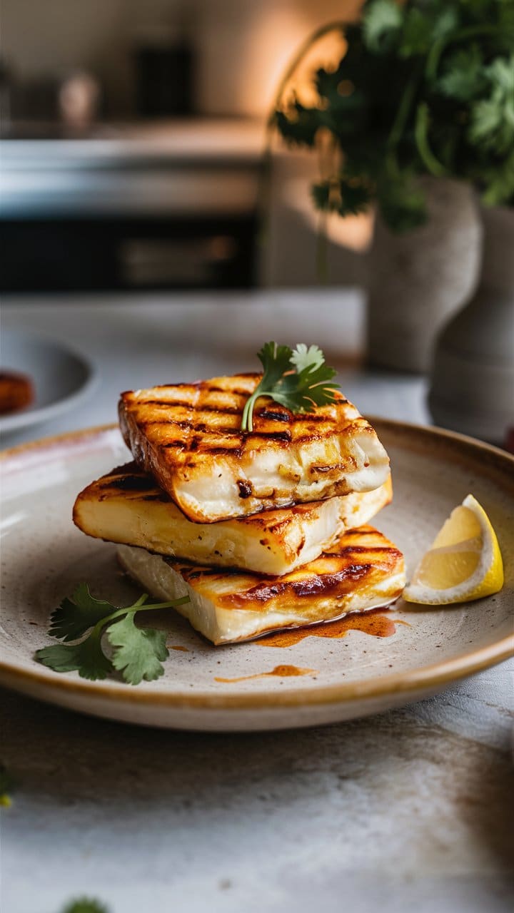 Fromage grillé avec citron et coriandre sur assiette.