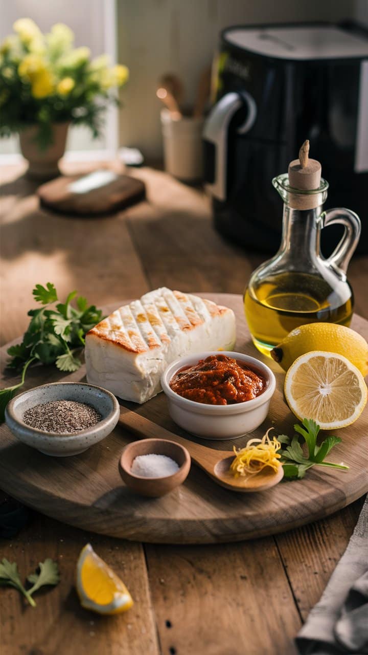 Ingrédients pour recette avec fromage, citron et huile.