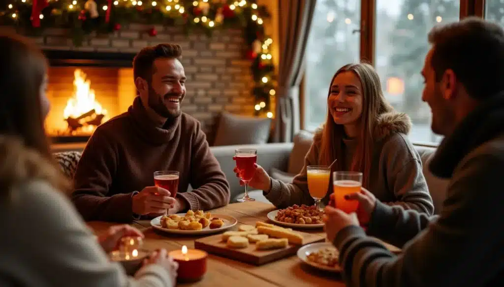 Amis partageant boissons et repas près de la cheminée.