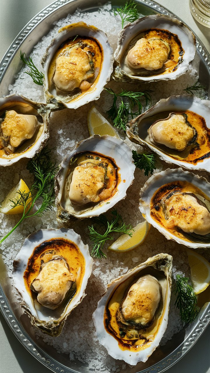 Huîtres gratinées avec herbes et citron, sur plateau.