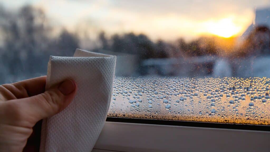 Essuyage de condensation sur fenêtre au lever du soleil.