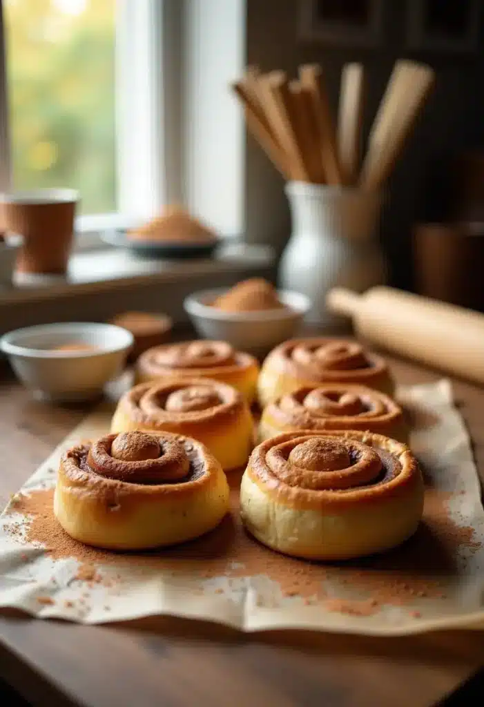 Petits pains à la cannelle sur table en bois.