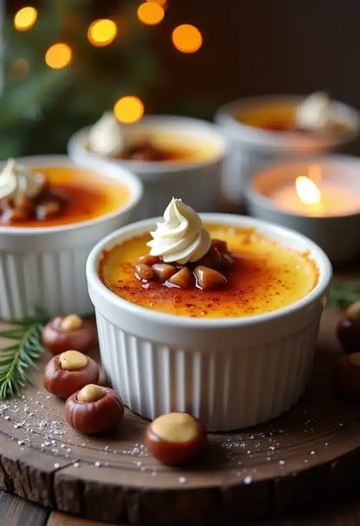 Crèmes brûlées avec chantilly et décoration festive.