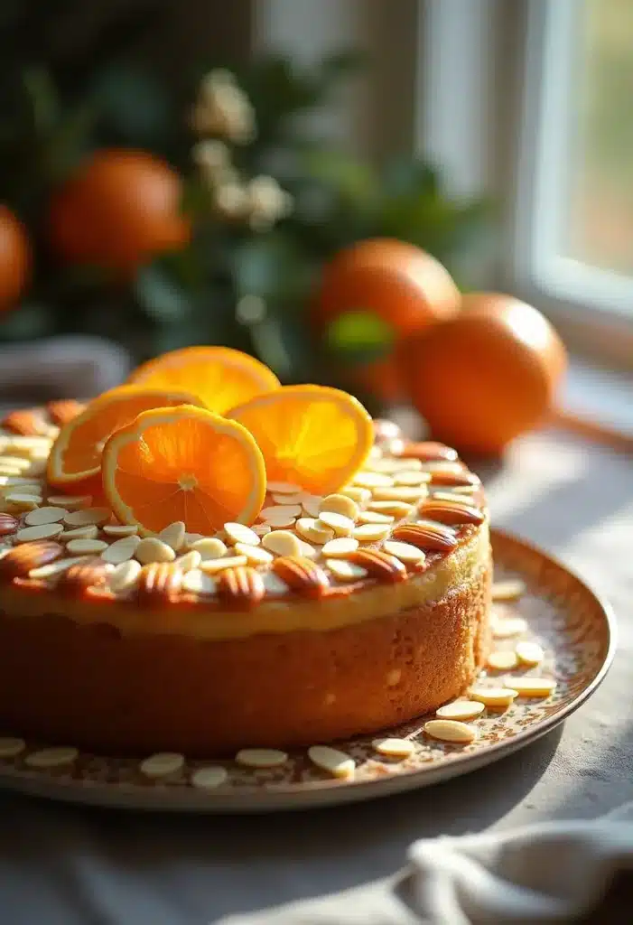 Gâteau décoré d'oranges et d'amandes, sur assiette festive.