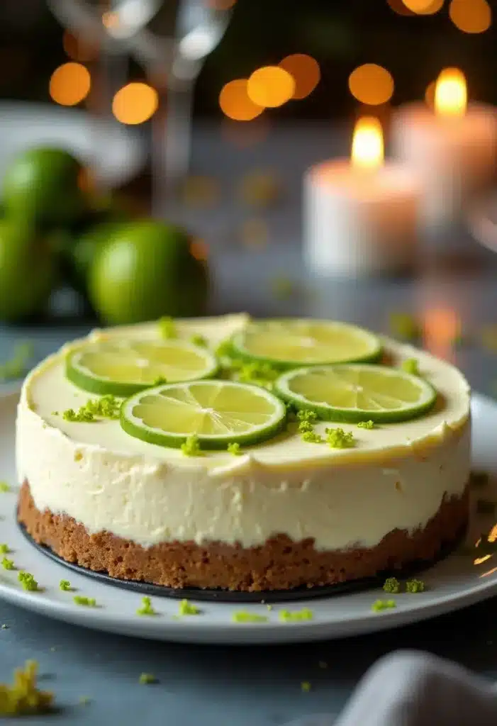 Gâteau citron vert avec fond de bougies allumées.
