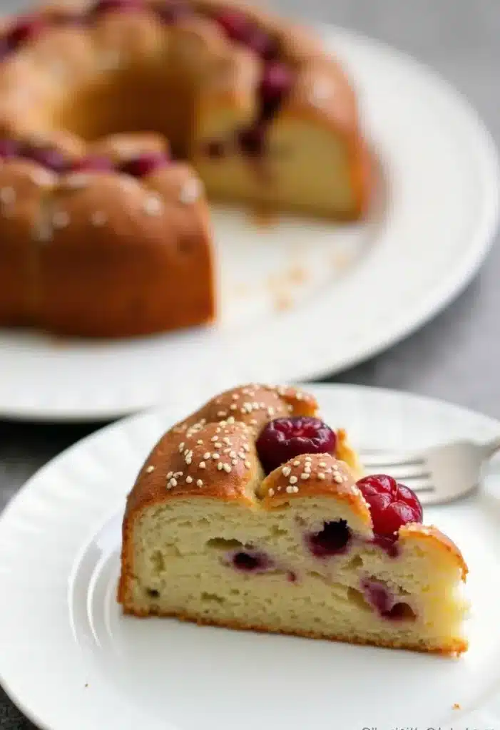 Part de gâteau aux cerises sur assiette blanche.