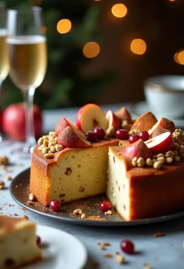 Gâteau aux fruits et noix, ambiance festive.