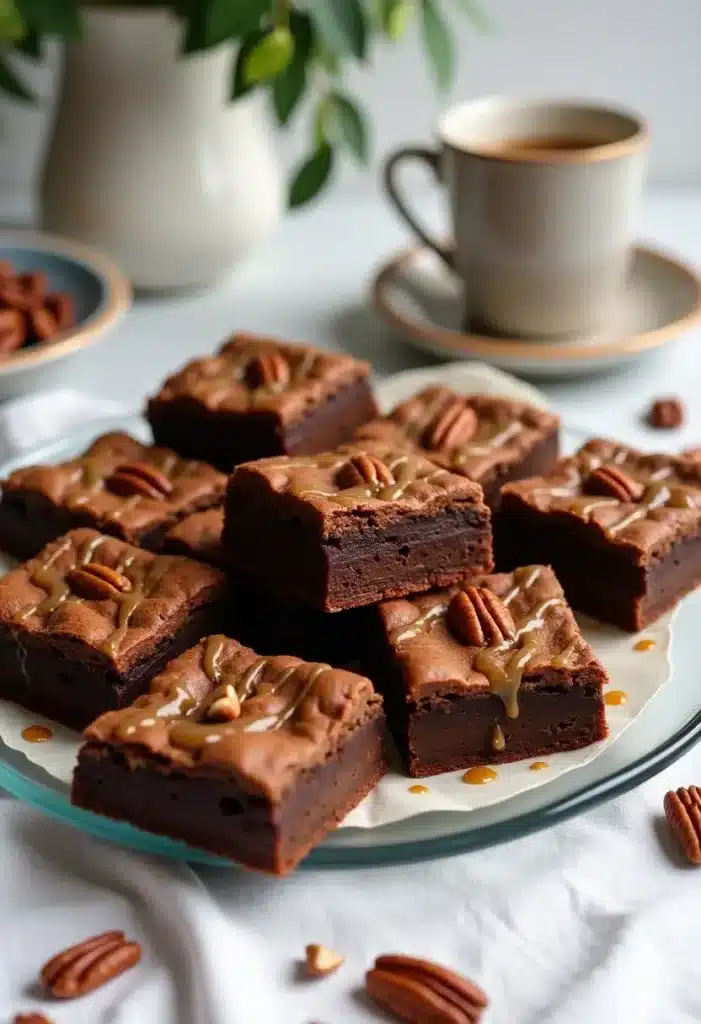 Brownies au caramel et noix de pécan sur assiette.