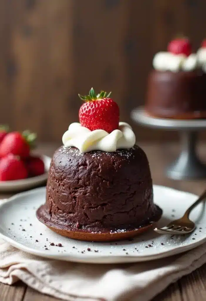 Petit gâteau chocolat avec fraise et chantilly.