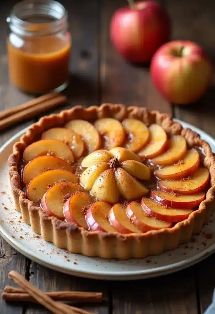 Tarte aux pommes avec cannelle et compote en fond.